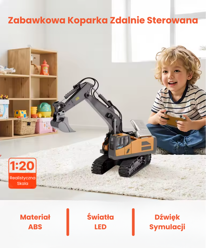 Koparka Zdalnie Sterowana RC 1:20 - Pojazd Budowlany z Dźwiękami i Światłem LED, 2.4GHz, 100 Min Zabawy