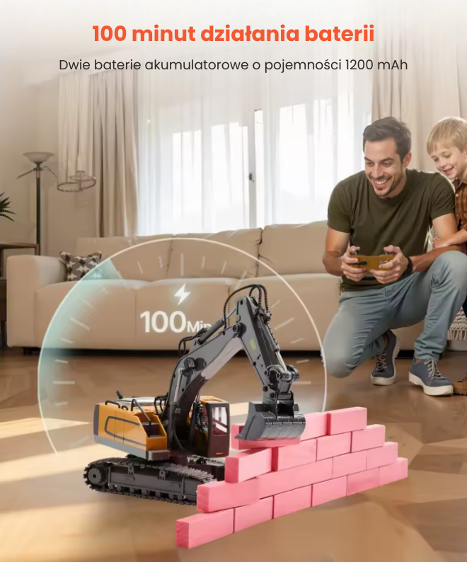 Koparka Zdalnie Sterowana RC 1:20 - Pojazd Budowlany z Dźwiękami i Światłem LED, 2.4GHz, 100 Min Zabawy