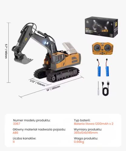 Koparka Zdalnie Sterowana RC 1:20 - Pojazd Budowlany z Dźwiękami i Światłem LED, 2.4GHz, 100 Min Zabawy